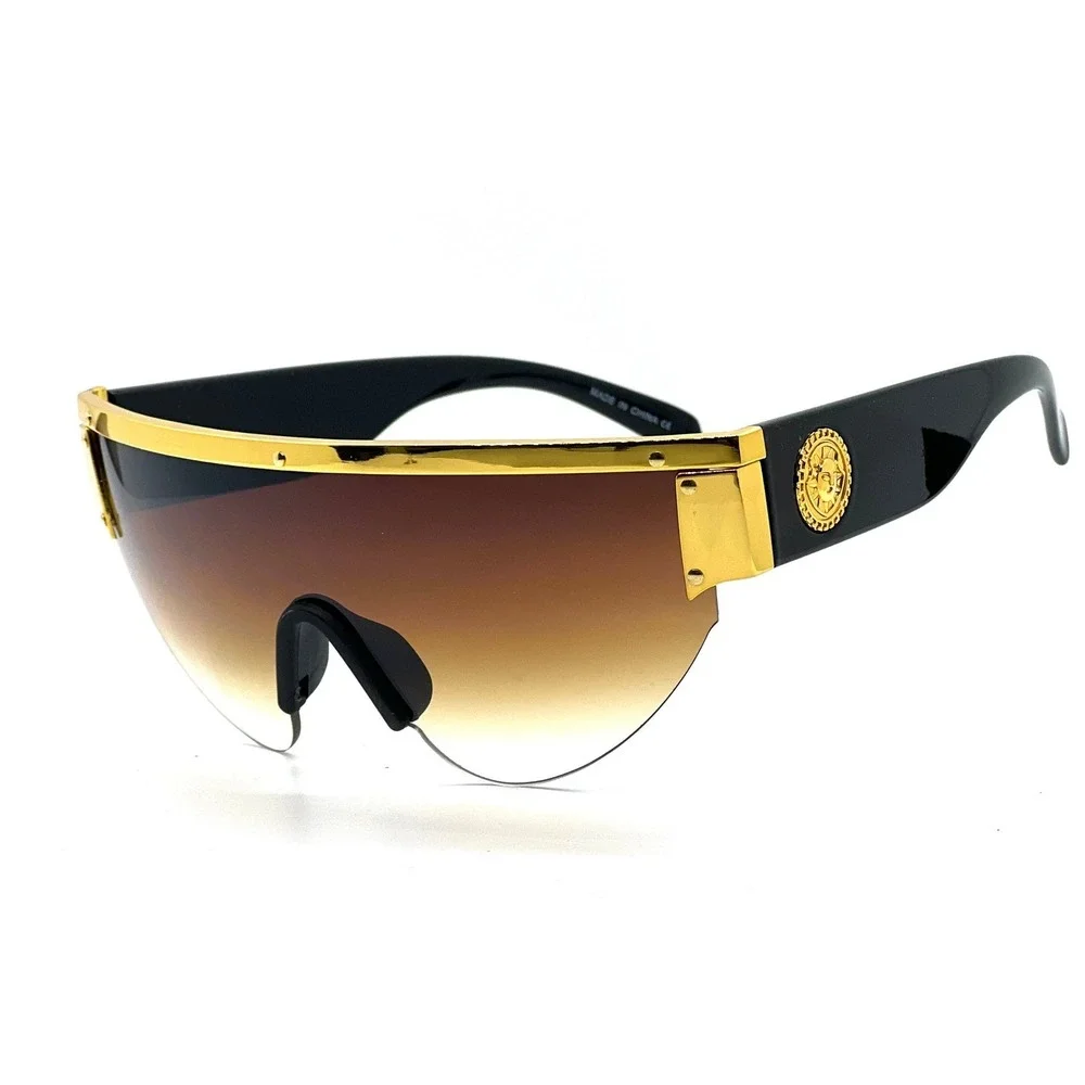 Sunglasses Brown Gradient Lens Fashion Gold Rimles Shades‎ Wrap Around Oversized